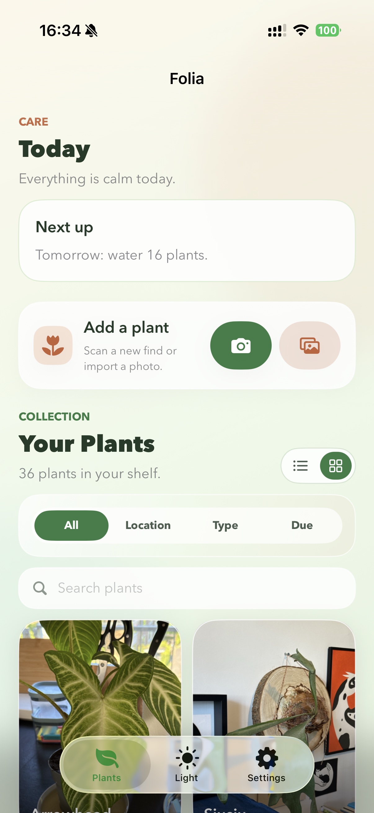 Folia app home screen showing care status, add plant actions, and a plant collection.